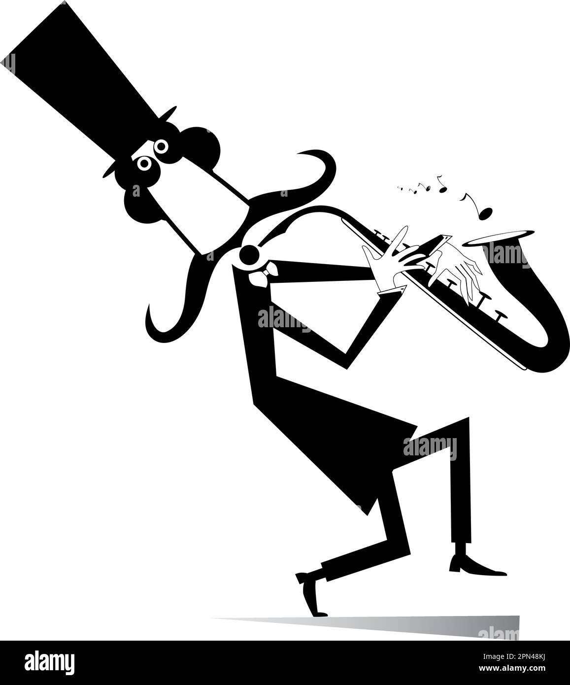 Moustache souriante dans le chapeau haut joue de la musique sur saxophone avec inspiration noir sur blanc Illustration de Vecteur