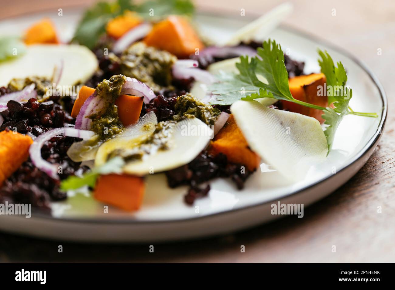 Riz interdit avec Kohlrabi et purée d'hiver et vinaigrette Zhoug Banque D'Images