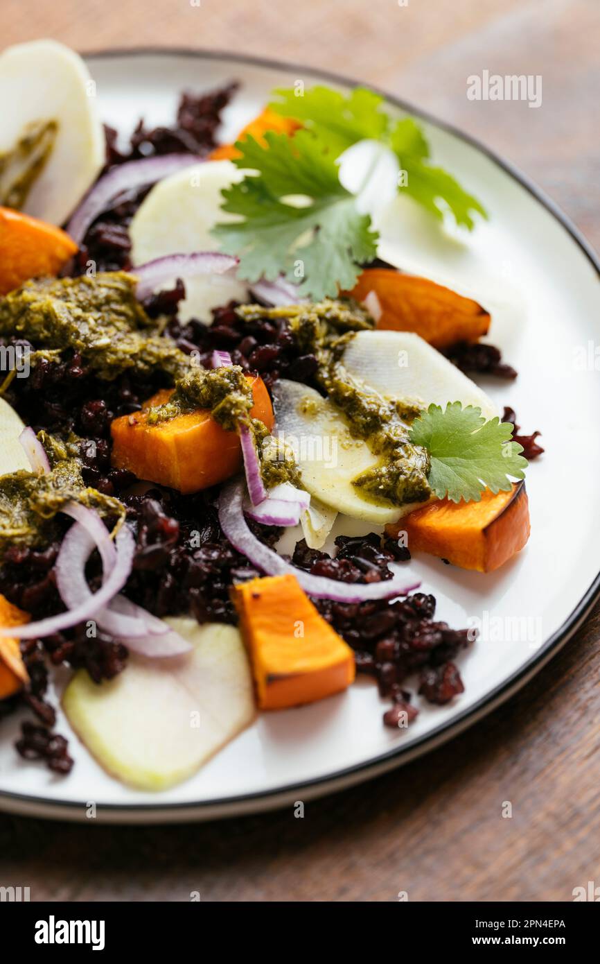 Riz interdit avec Kohlrabi et purée d'hiver et vinaigrette Zhoug Banque D'Images
