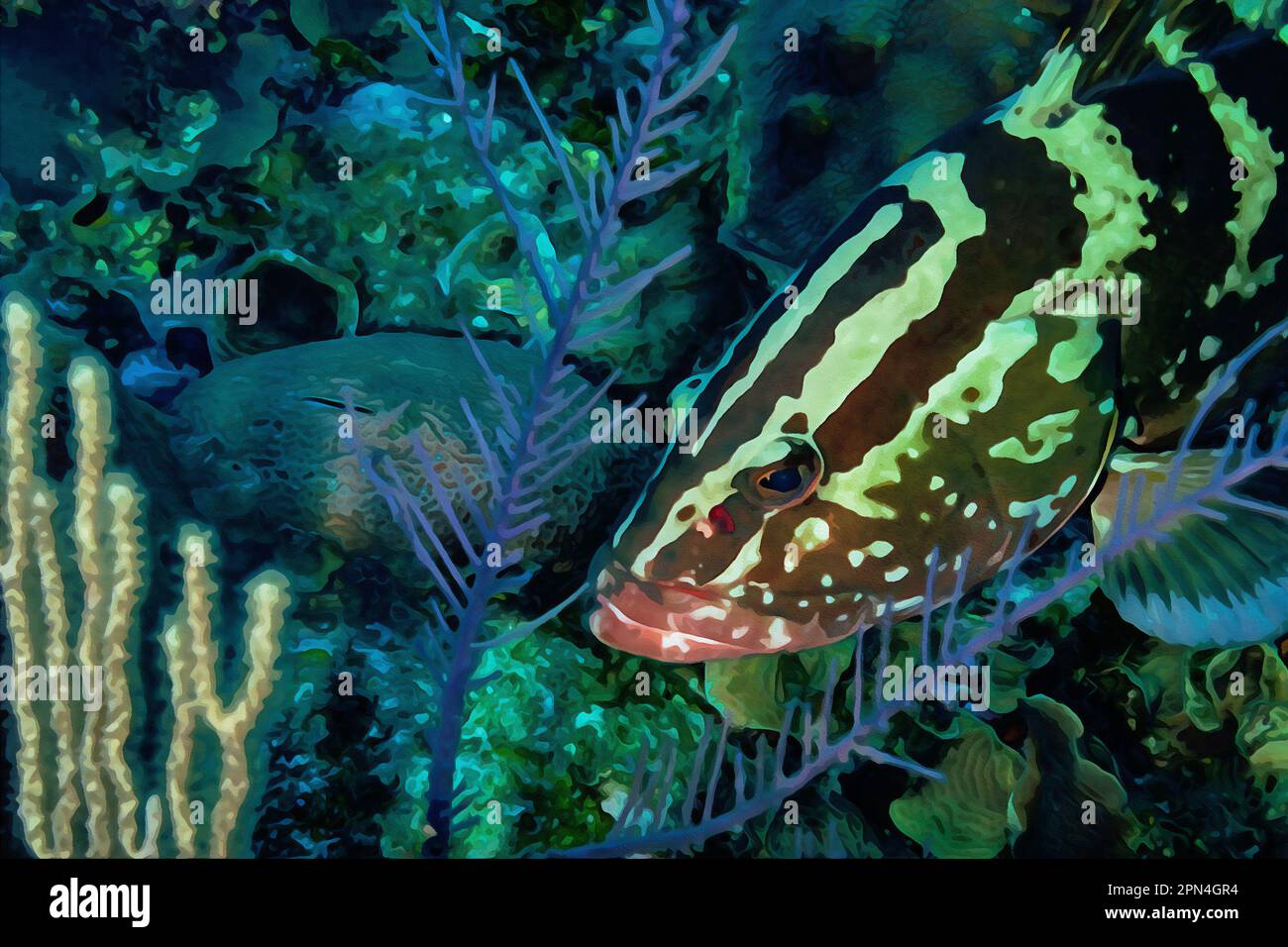 Peinture à l'aquarelle créée numériquement du Nassau Grouper Epinephelus striatus nageant sous l'eau Banque D'Images