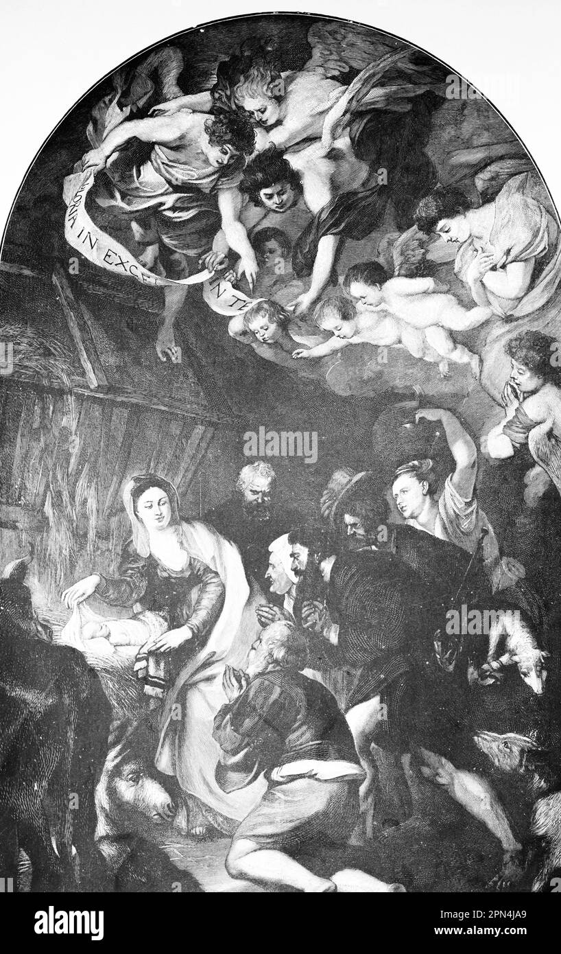 La nuit sainte, die Heilige Nacht, gloria dans excelsis deo, Luc 2, bible, Nouveau Testament, illustration historique 1890 Banque D'Images