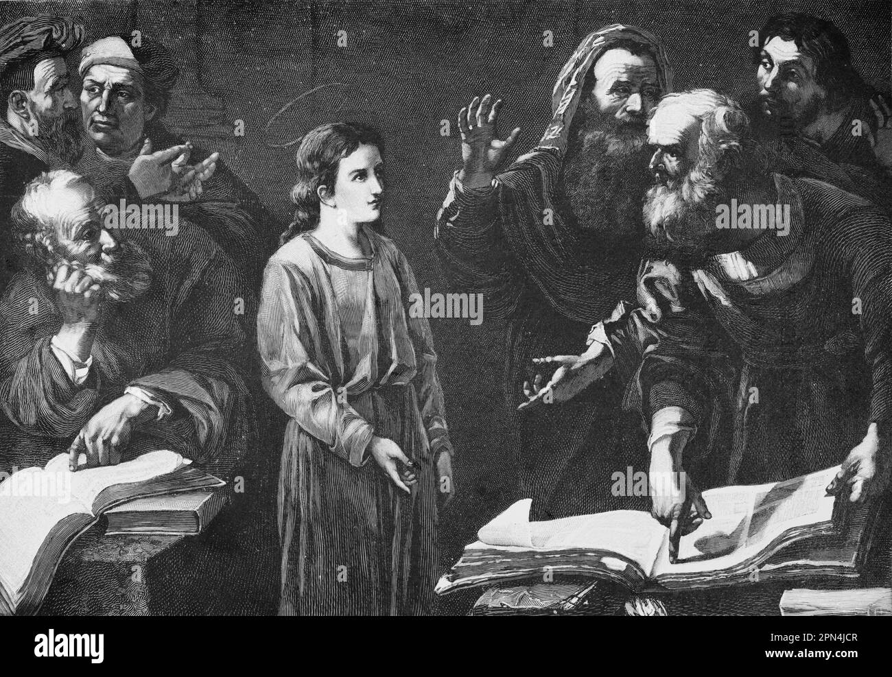 Jésus de 12 ans dans le Temple, Luc, chapitre 2, versets 41-32, bible, Nouveau Testament, illustration historique 1890 Banque D'Images