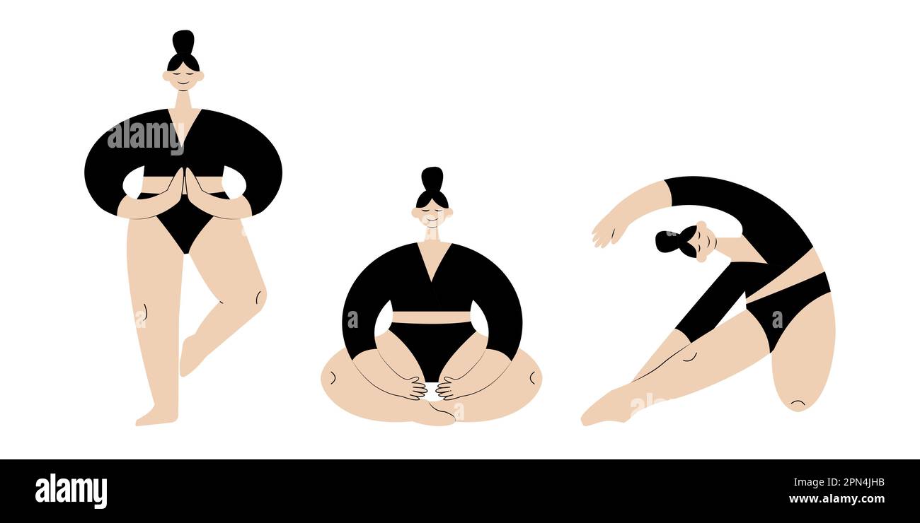 Temps de yoga. Pose de yoga. Femmes exercice sportif, Fitness, entraînement dans différentes poses, étirement. Illustration vectorielle plate Illustration de Vecteur
