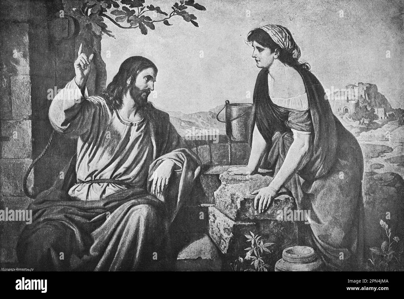 Jésus et la femme samaritienne au puits de Jaboc, bible, Nouveau Testament, Jean, chapitre 4 , Versets 5-42, illustration historique 1890 Banque D'Images