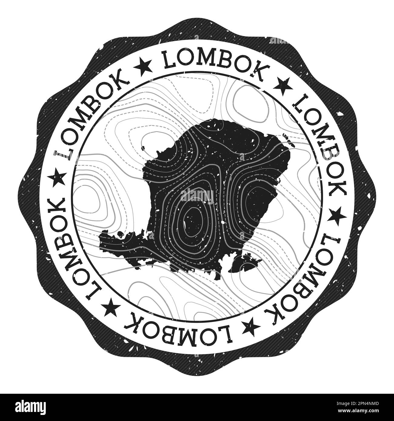 Timbre extérieur Lombok. Autocollant rond avec carte de l'île avec isolines topographiques. Illustration vectorielle. Illustration de Vecteur
