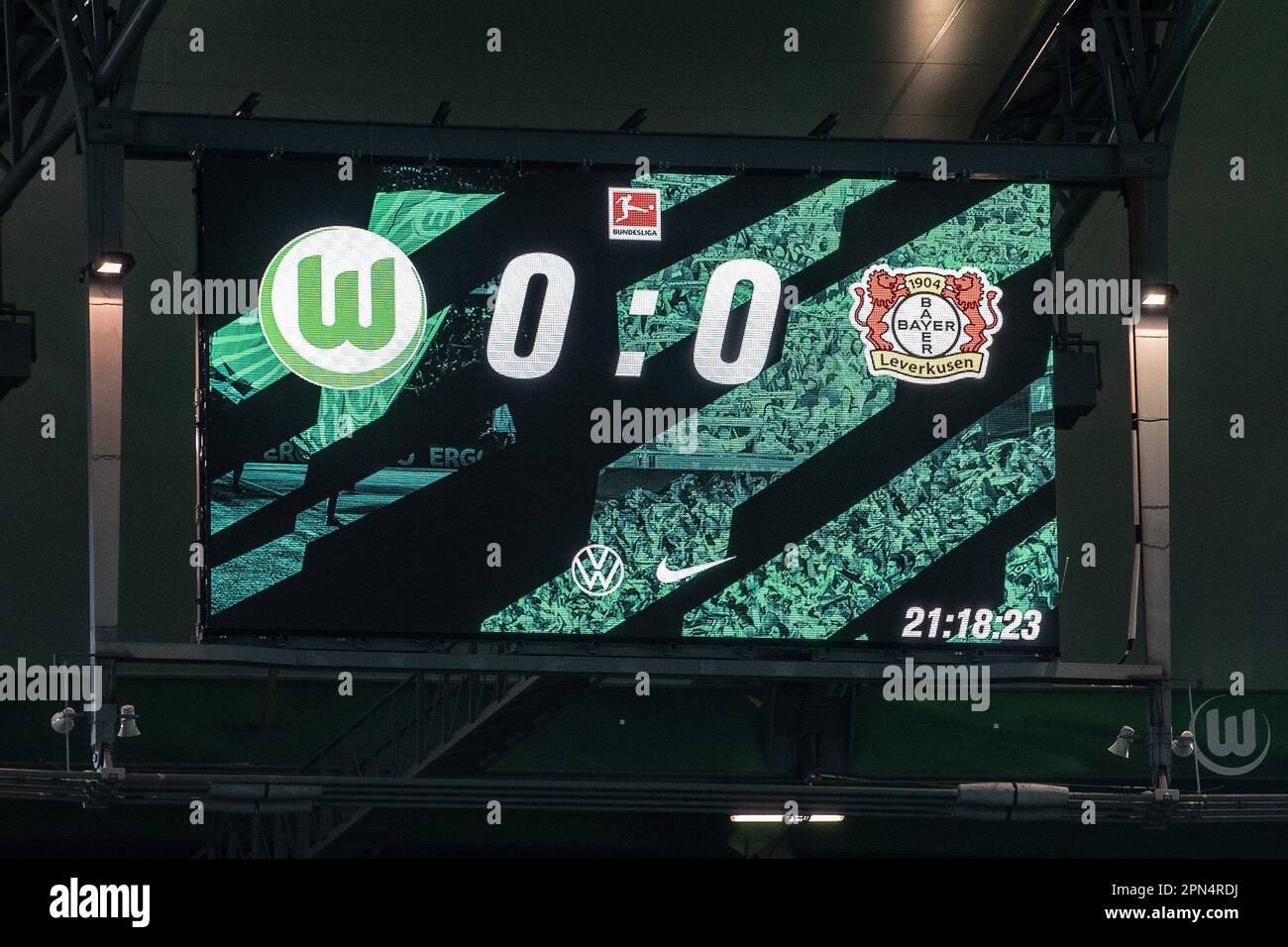 Wolfsburg, Allemagne. 16th avril 2023. Football: Bundesliga, VfL Wolfsburg  - Bayer Leverkusen, Matchday 28, Volkswagen Arena. Vue du tableau de bord  avec le résultat final 0:0. Credit: Swen Pförtner/dpa - NOTE IMPORTANTE: