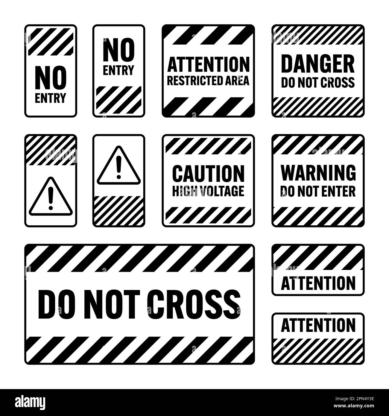 Divers panneaux d'avertissement noirs avec lignes diagonales. Panneau attention, danger ou attention, signalisation du chantier. Panneau de signalisation réaliste, avertissement Illustration de Vecteur