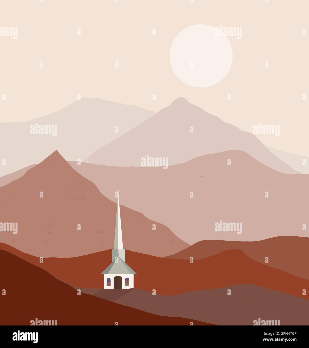 Une petite église blanche est vue une vallée de montagne dans une image vectorielle. Illustration de Vecteur