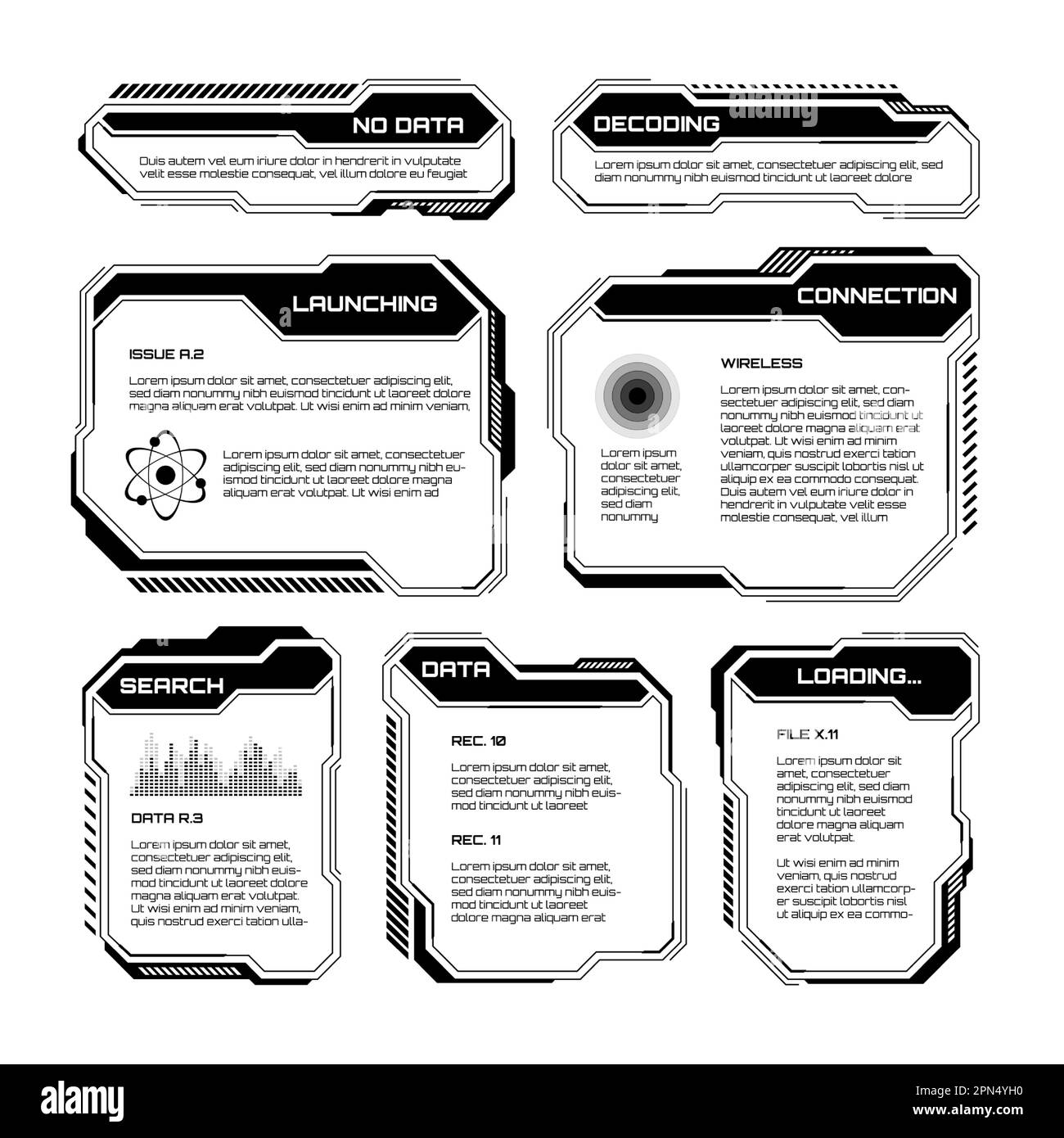 HUD futuriste noir, éléments d'interface utilisateur. Zones de texte et légendes de l'interface utilisateur SCI-fi. Cadres de message d'avertissement, modèle de zones d'information. Jeu moderne Illustration de Vecteur