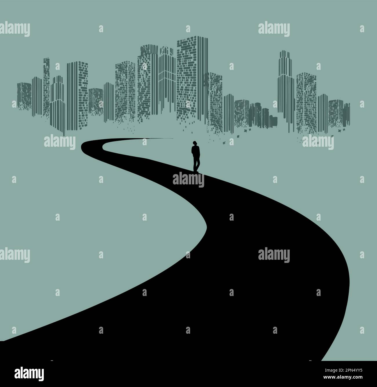 Une route sinueuse mène à une grande zone urbaine dans cette illustration vectorielle. Illustration de Vecteur