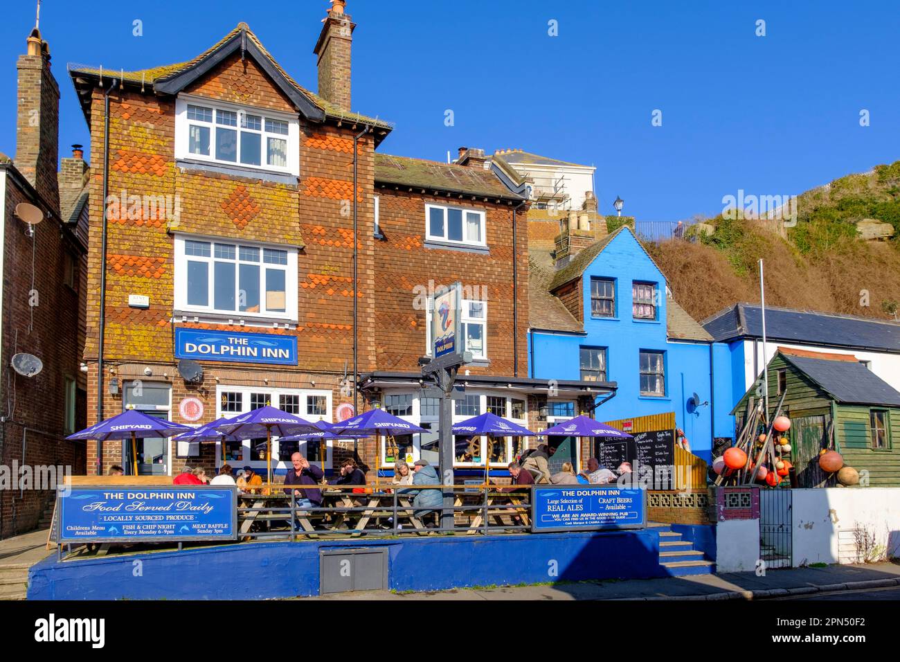 The Dolphin pub, Hastings, Rock-a-Nore, East Sussex, Royaume-Uni, hiver Banque D'Images