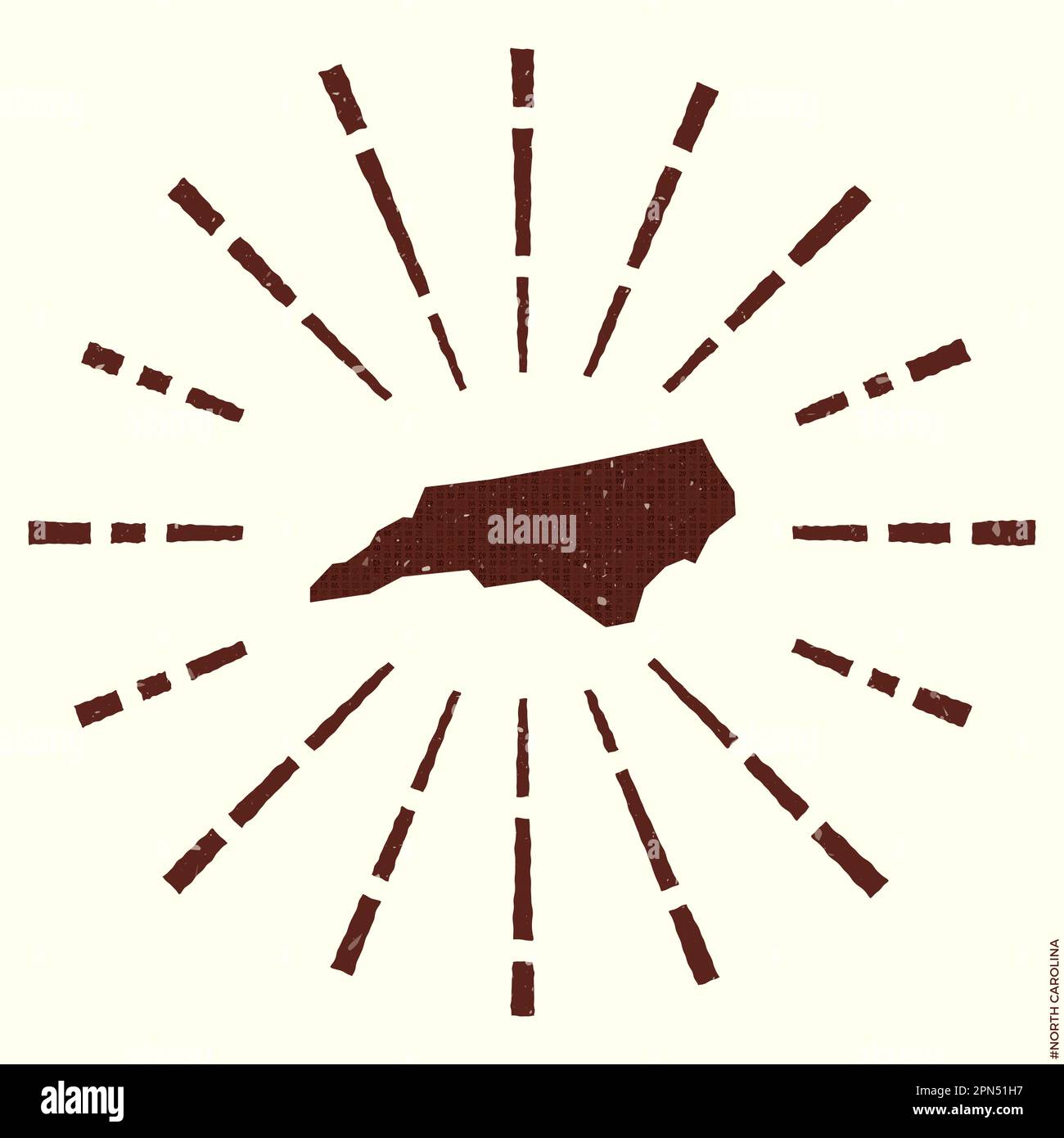 Logo de la Caroline du Nord. Affiche grunge Sunburst avec carte de l'état des États-Unis. Forme de la Caroline du Nord remplie de chiffres hexagonaux avec rayons solaires autour. Awesom Illustration de Vecteur