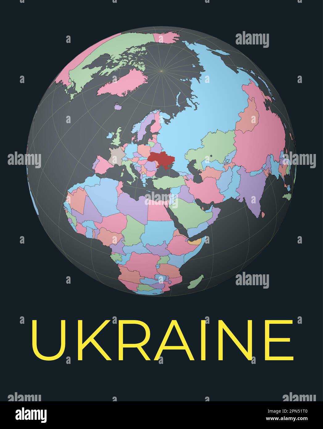 Carte du monde centrée sur l'Ukraine. Pays rouge mis en surbrillance. Vue satellite du monde centrée sur le pays avec le nom. Illustration vectorielle. Illustration de Vecteur