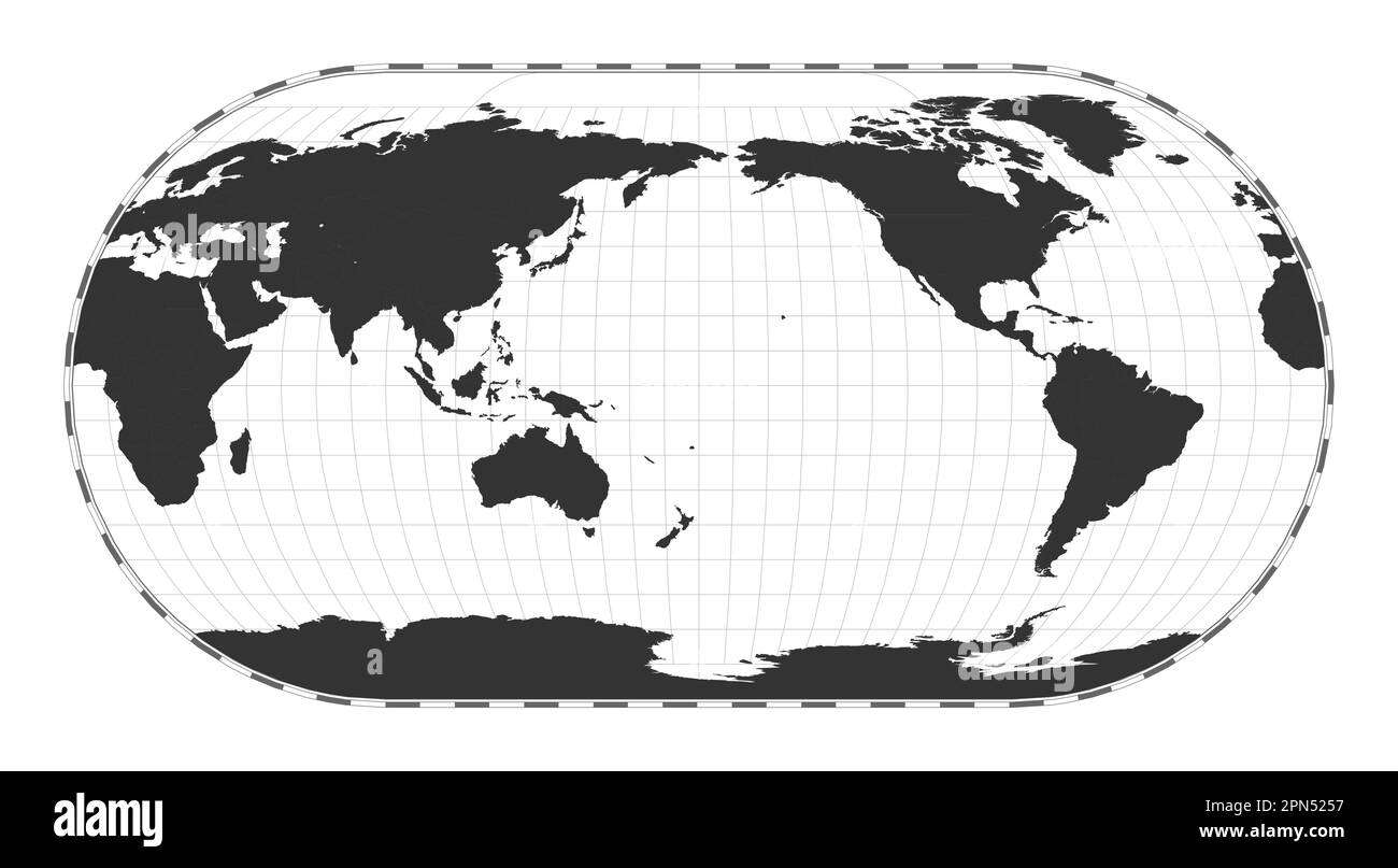 Carte du monde vectorielle. Projection Eckert III. Carte géographique du monde simple avec les lignes de latitude et de longitude. Centré à 180 degrés de longitude. Illustration de Vecteur