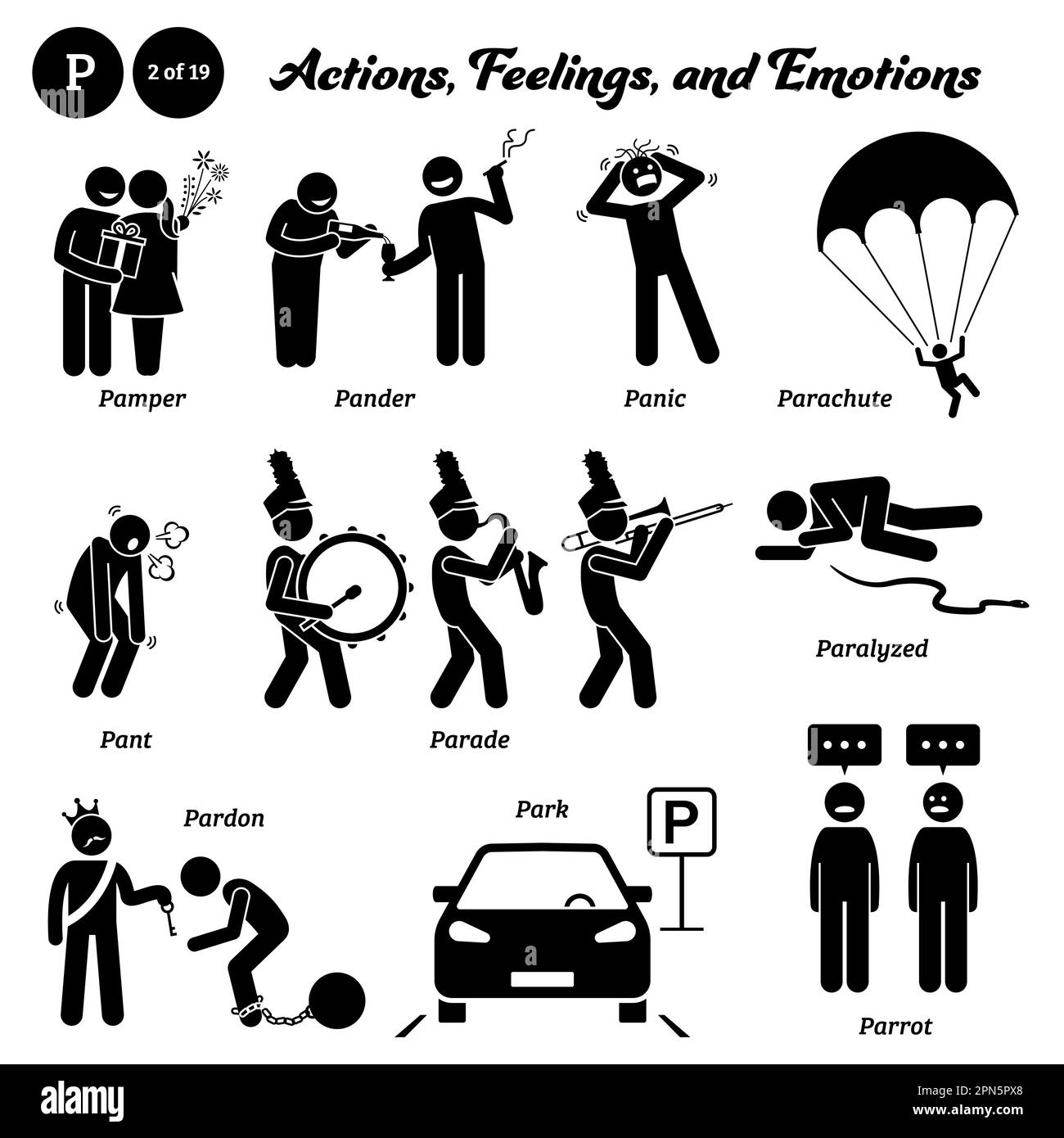 Figure de bâton humain personnes homme action, sentiments, et émotions icônes alphabet P. choyer, pander, panique, parachute, pantalon, défilé, paralysé, pardon, parc Illustration de Vecteur