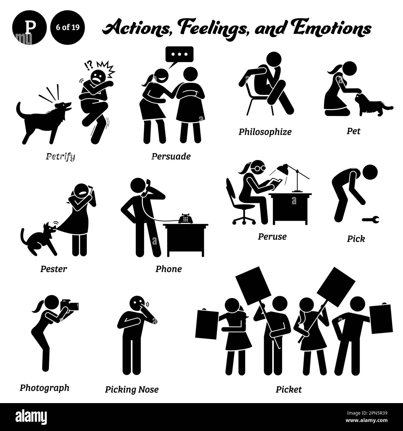Bâton figure humain personnes homme action, sentiments, et émotions icônes alphabet P. Petrify, persuader, philosophiser, animal de compagnie, pester, téléphone, perse, choisir, phot Illustration de Vecteur