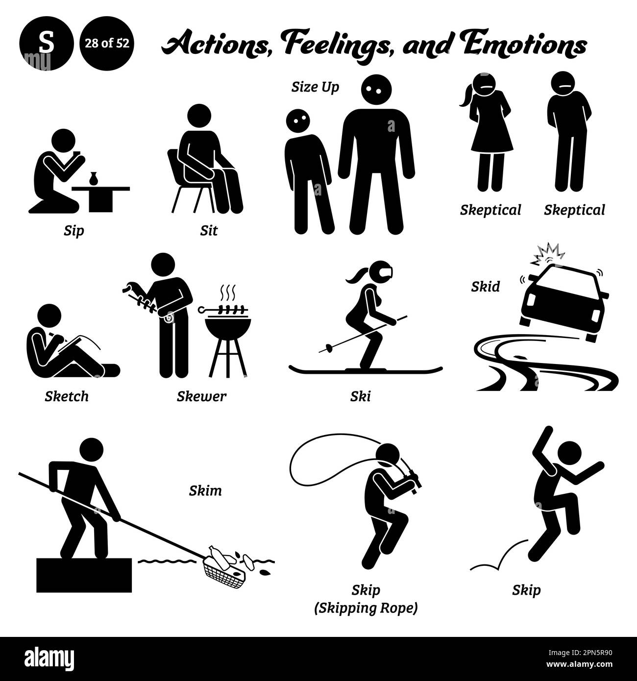 Bâton figure humain personnes homme action, sentiments, et émotions icônes alphabet S. SIP, assis, taille vers le haut, sceptique, esquisse, brochette, ski, patin, skim, saut, un Illustration de Vecteur