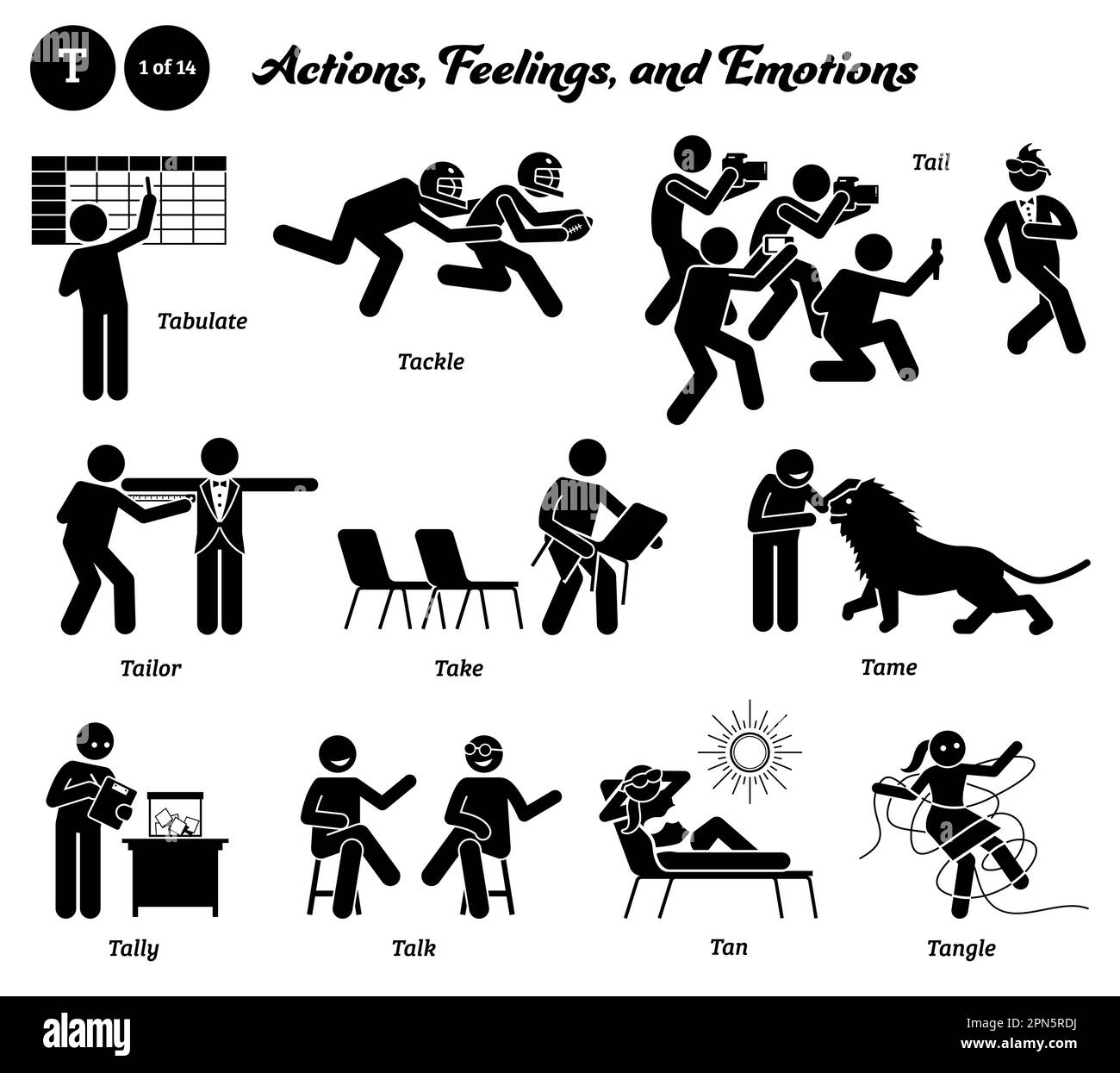 Bâton figure humain personnes homme action, sentiments, et émotions icônes alphabet T. tabuler, s'attaquer, queue, tailleur, prendre, tamé, tally, talk, tan et tangl Illustration de Vecteur