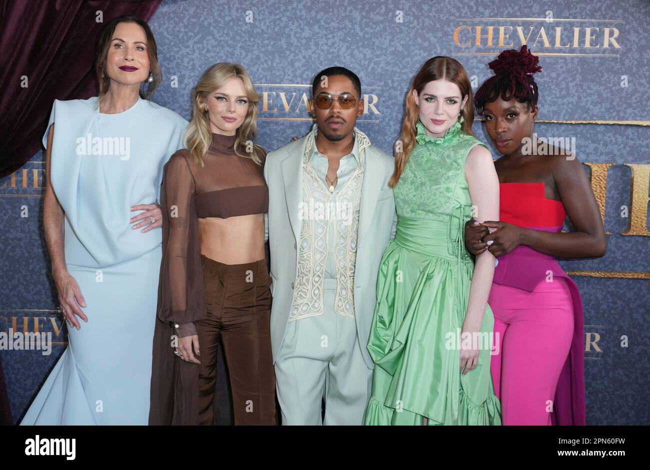 Minnie Driver, from left, Samara Weaving, Lucy Boynton, Kelvin Harrison Jr. and Ronke Adekoluejo arrive at the premiere of "Chevalier," Sunday, April 16, 2023, at El Capitan Theatre in Los Angeles, Calif. (Photo by Jordan Strauss/Invision/AP) Banque D'Images