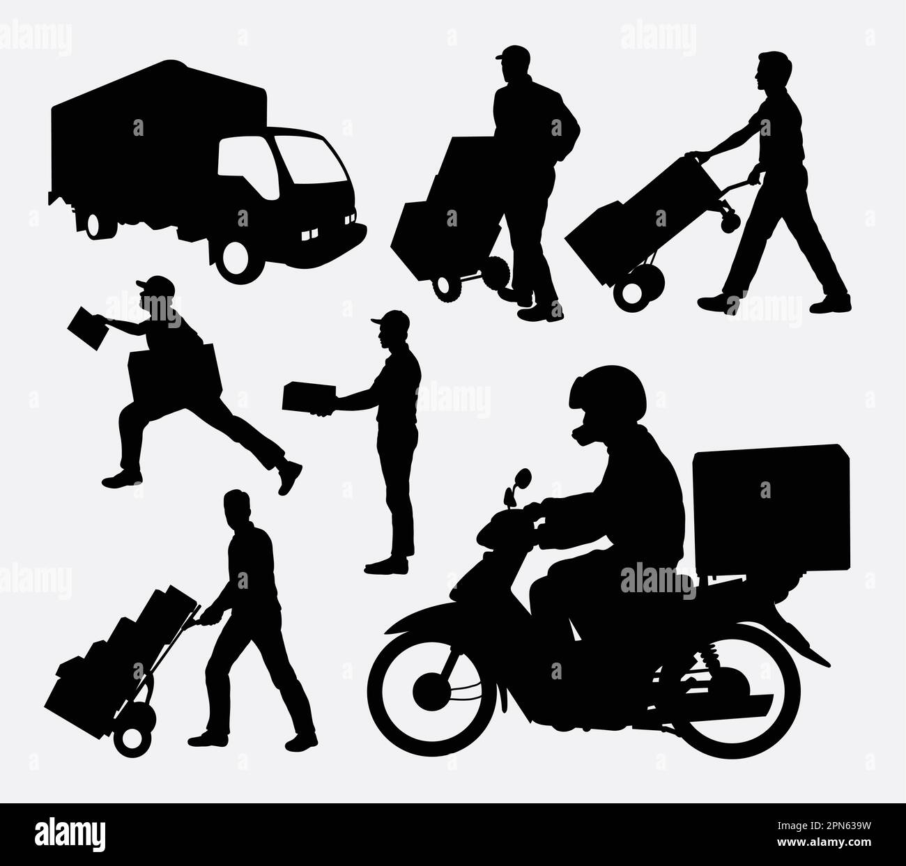 Silhouettes de l'activité de livraison. Bonne utilisation pour symbole, logo, icône web, mascotte, ou tout design que vous voulez. Facile à utiliser. Illustration de Vecteur