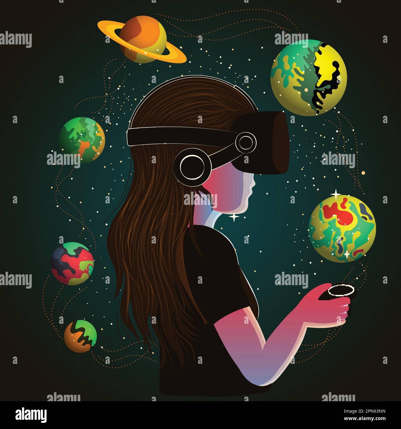 Jeune fille personnage portant un casque VR et utilisant le contrôleur interagit avec des objets de l'espace extérieur sur fond vert foncé. Illustration de Vecteur