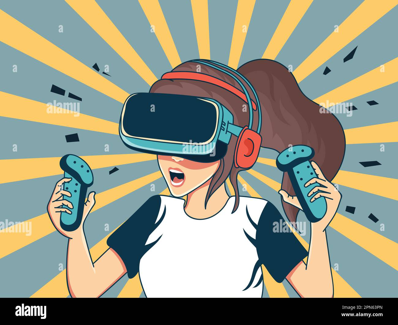 Casque VR avec contrôleur sur fond bleu ardoise et jaune raies excitées, doté d'un personnage jeune fille enthousiaste. Illustration de Vecteur