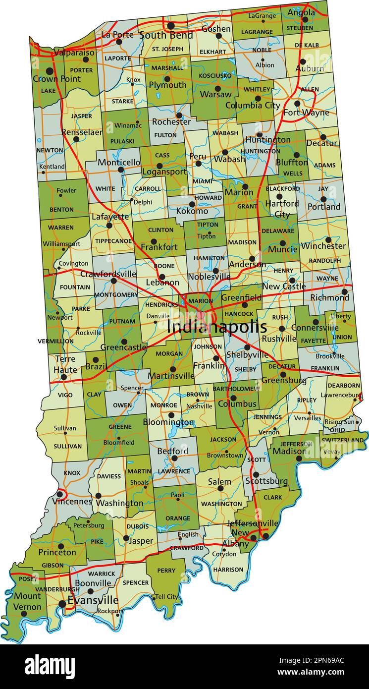 Carte politique modifiable très détaillée avec des couches séparées. Indiana. Illustration de Vecteur