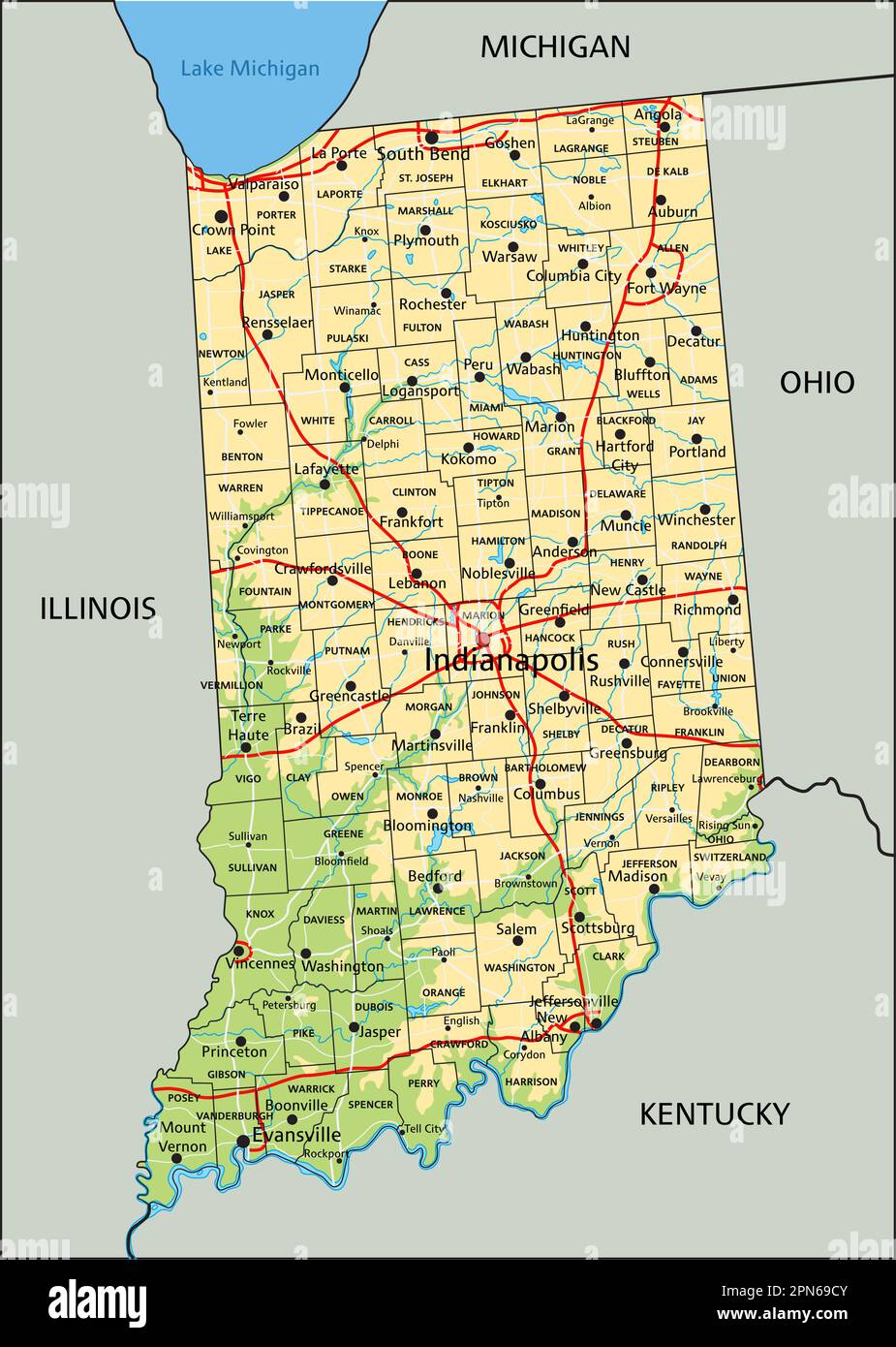 Carte physique Indiana très détaillée avec étiquetage. Illustration de Vecteur