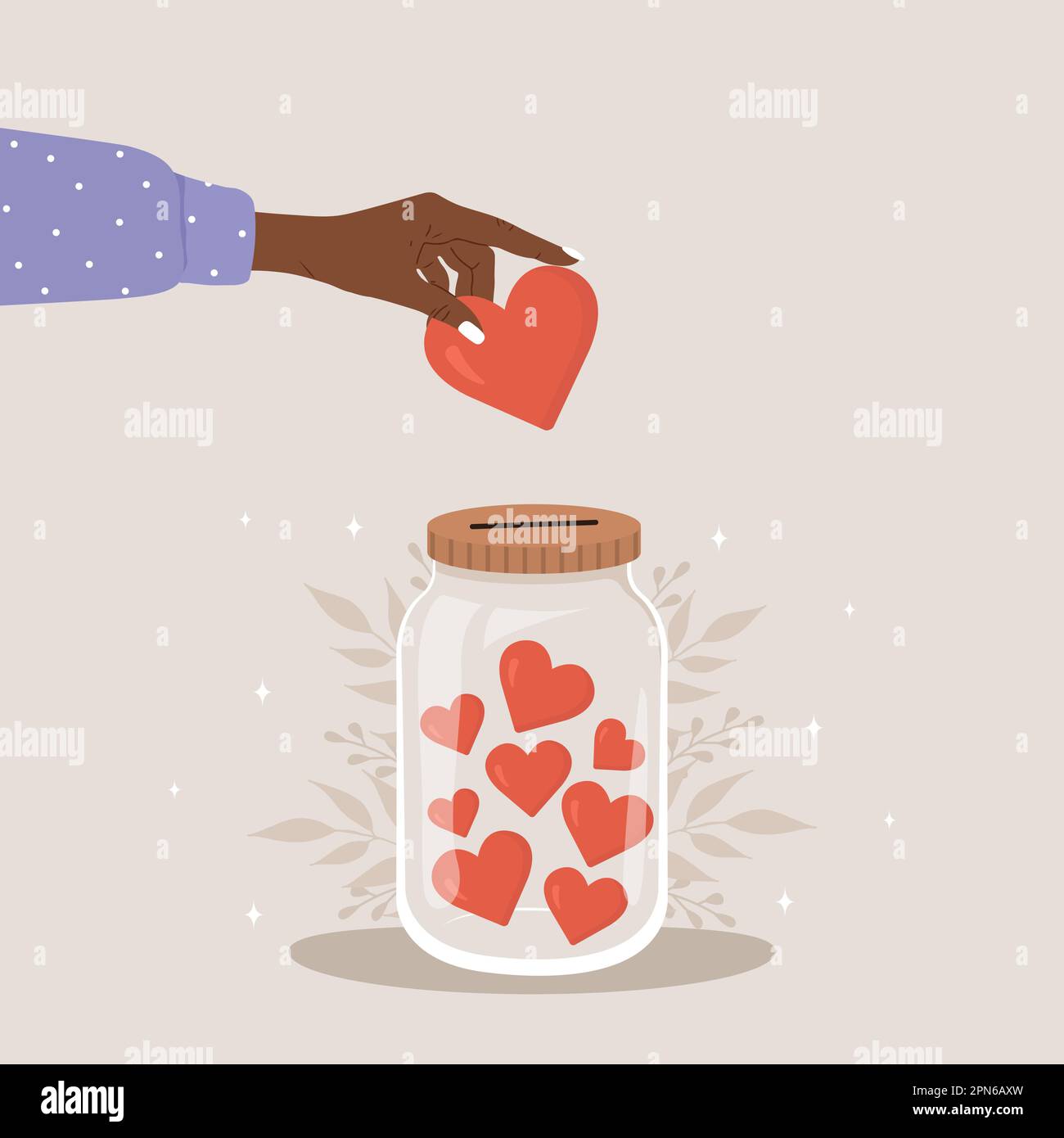 Pot de verre à don avec cœur rouge. Femme africaine main jeter coeur dans  une énorme bouteille pour donner. Donnez et partagez votre amour. Soutien  aux pauvres et Image Vectorielle Stock -