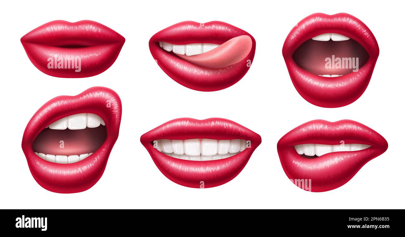 Lèvres féminines réalistes. Bouches brillantes avec rouge à lèvres brillant, 3D parties du corps isolées, expressions différentes, langue et dents blanches, coller la langue Illustration de Vecteur