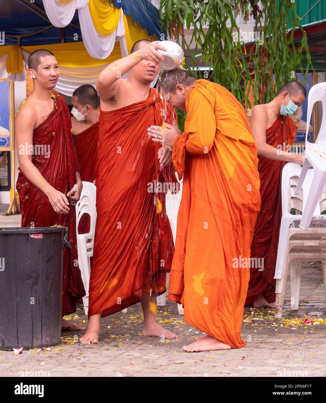 Ban Chang, Thaïlande - 16 avril 2023: Des moines versant de l'eau avec des pétales de fleur les uns sur les autres pour célébrer Songkran, nouvel an bouddhiste, à Wat Chak Mak Banque D'Images