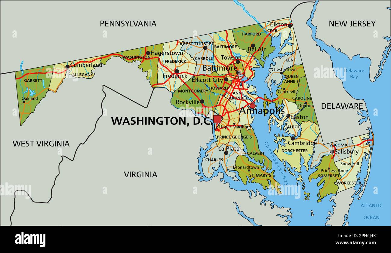 Carte politique modifiable très détaillée avec des couches séparées. Maryland Illustration de Vecteur