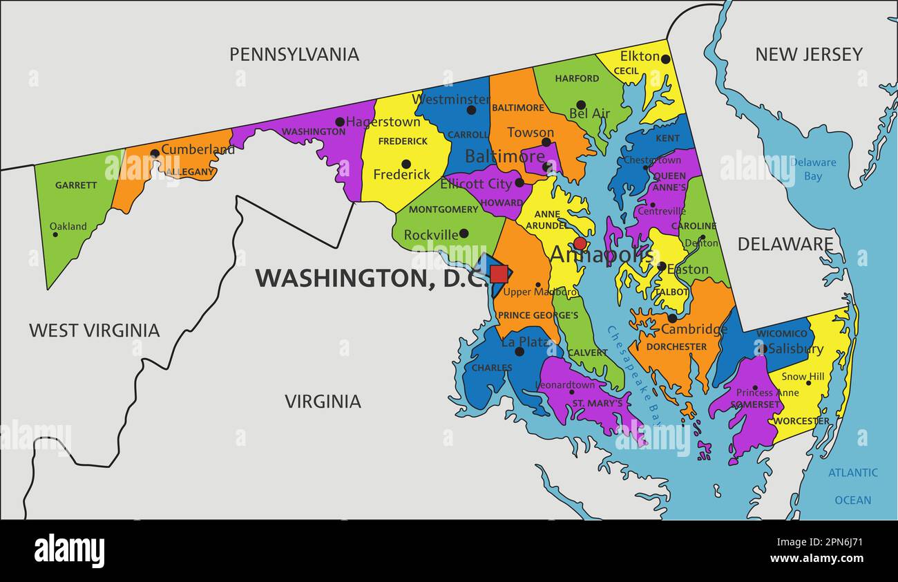 Carte politique colorée du Maryland avec des couches clairement étiquetées et séparées. Illustration vectorielle. Illustration de Vecteur