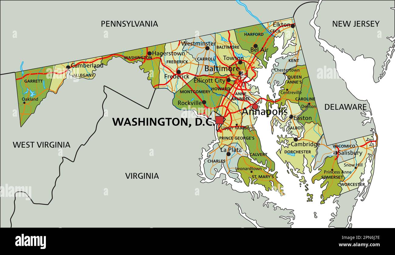 Carte politique modifiable très détaillée avec des couches séparées. Maryland Illustration de Vecteur