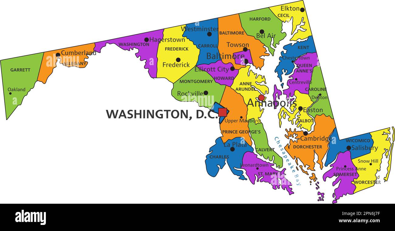 Carte politique colorée du Maryland avec des couches clairement étiquetées et séparées. Illustration vectorielle. Illustration de Vecteur