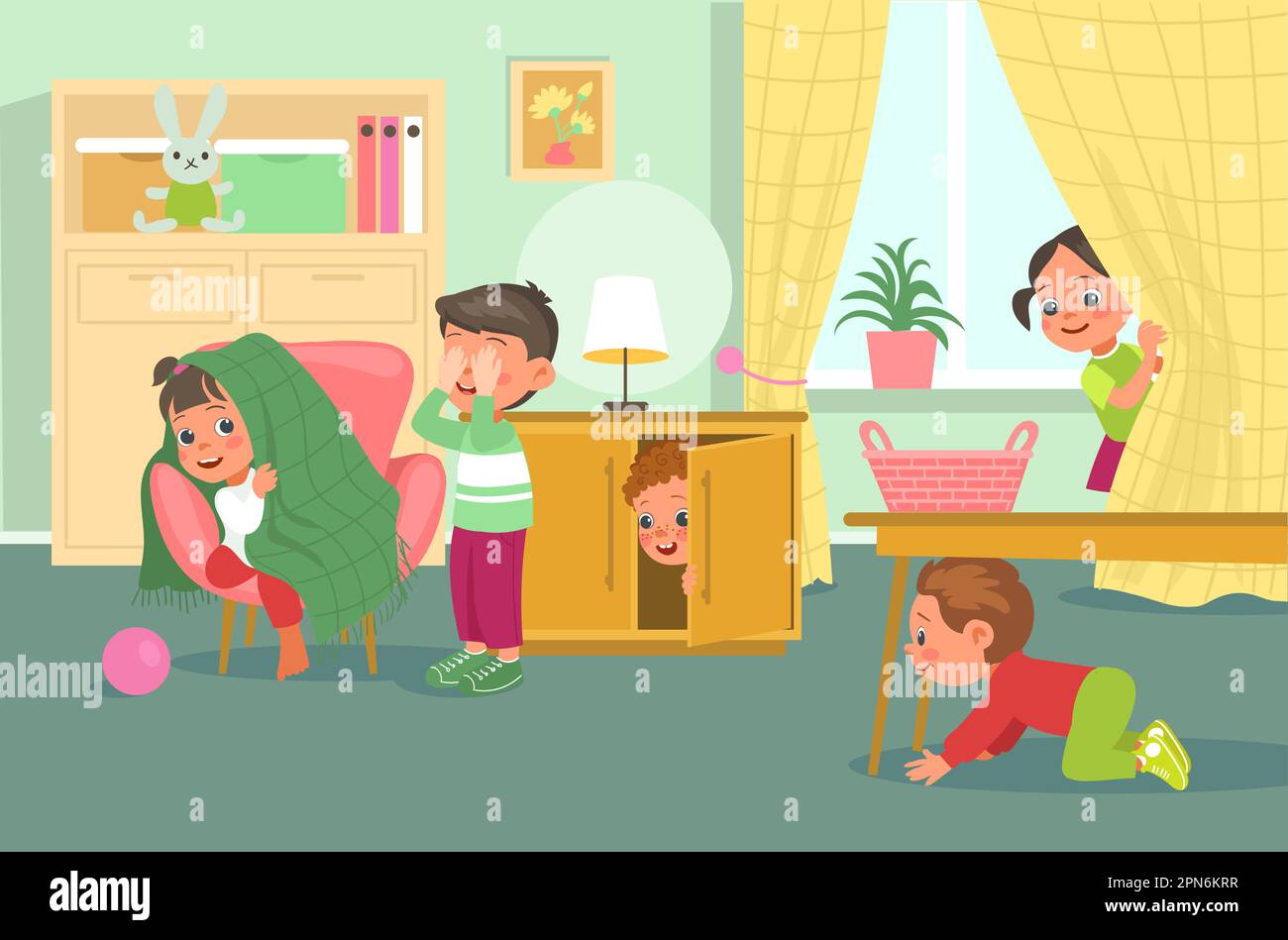 Enfants adorables dans la chambre. Des amis heureux jouant cacher et chercher. Drôle joyeux filles et garçons dans le jeu de groupe. Activités de pépinière. Jardin d'enfants. Préscolaire Illustration de Vecteur