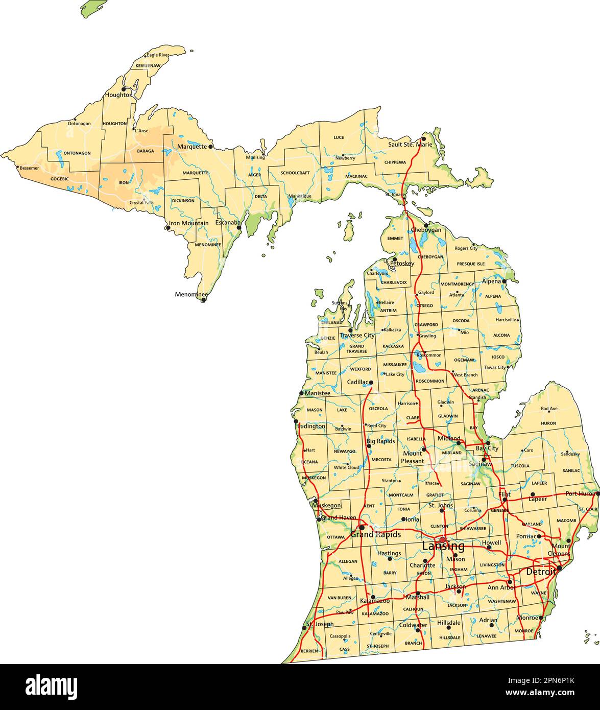 Carte physique Michigan très détaillée avec étiquetage. Illustration de Vecteur