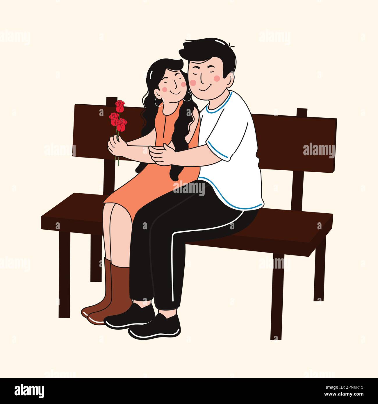 Embrasser le personnage Jeune couple avec Holding Roses au banc. Illustration de Vecteur