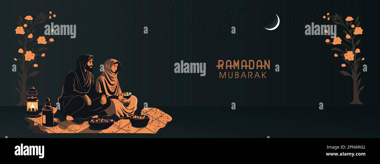 Ramadan Mubarak Banner Design avec personnage de couple musulman appréciant la nourriture délicieuse sur le Crescent Moon Night Background. Illustration de Vecteur