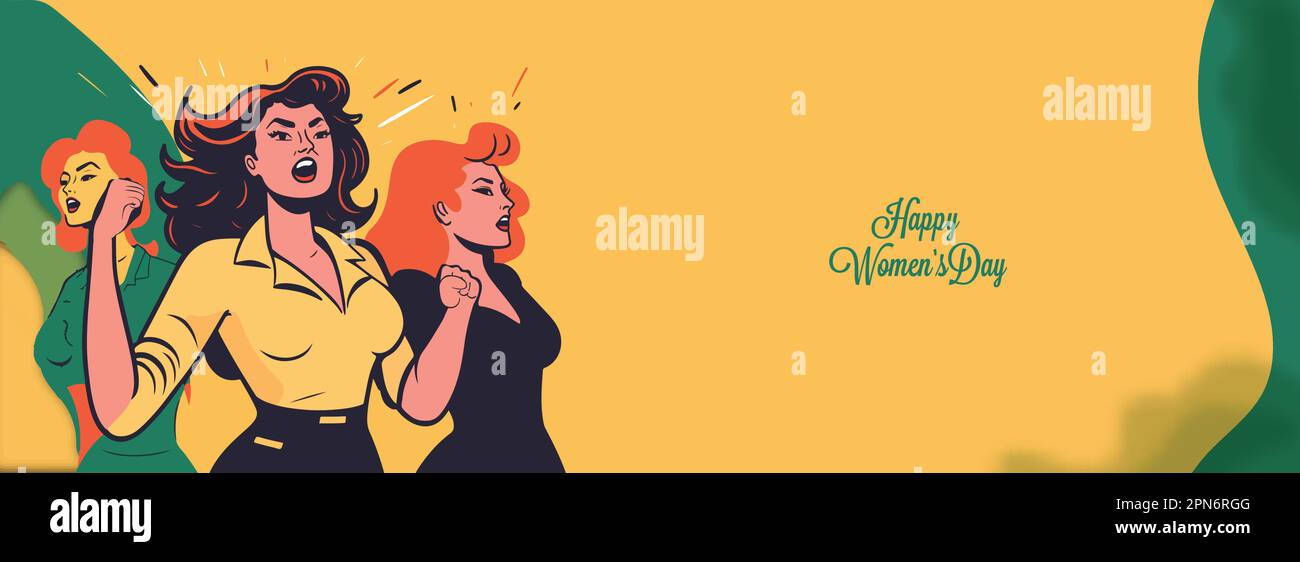 Happy Women's Day Banner Design avec trois personnages tendance de jeunes femmes criant. Illustration de Vecteur