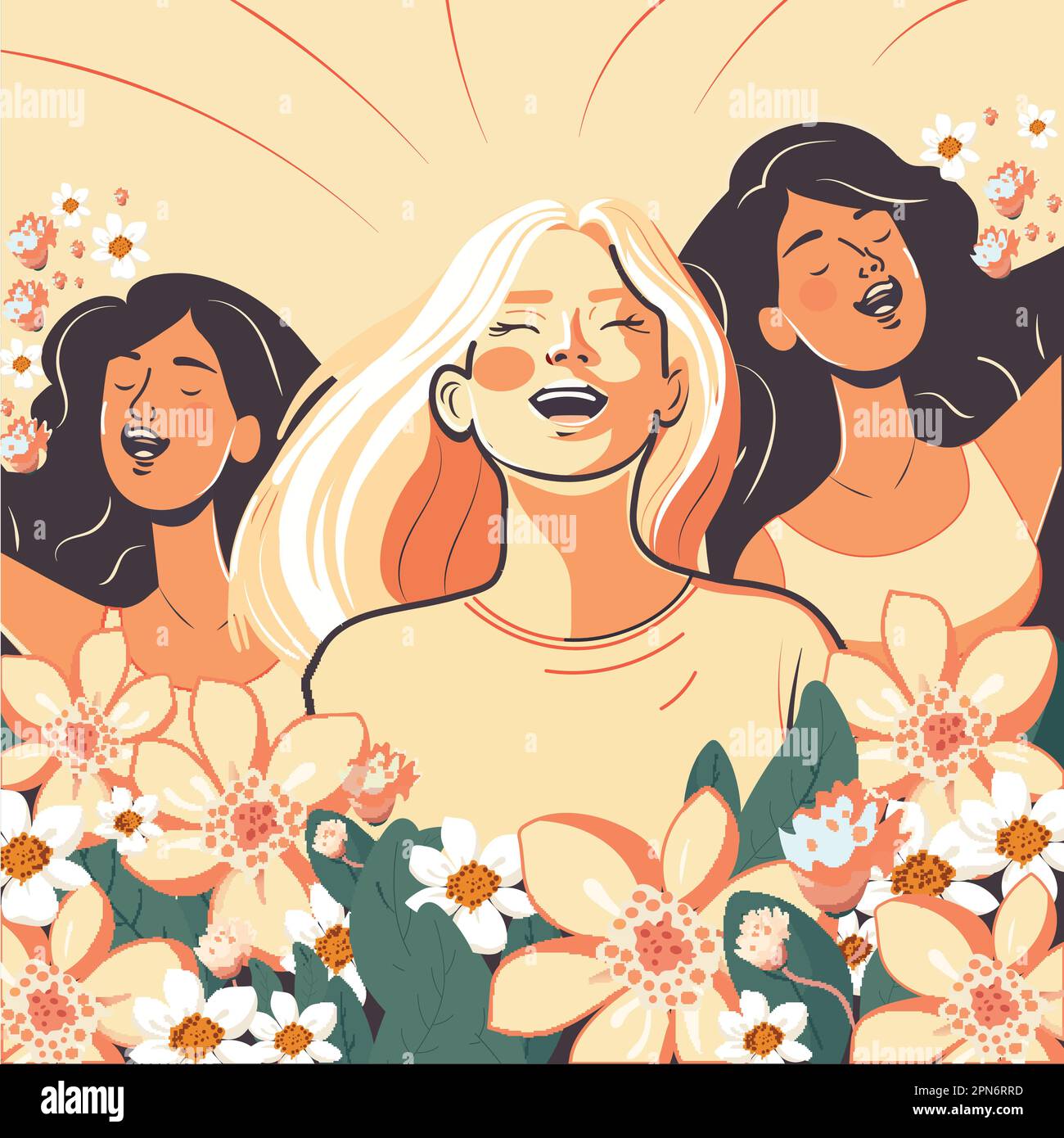 Trois jeunes femmes personnages modernes criant sur fond fleuri décoré. Illustration de Vecteur