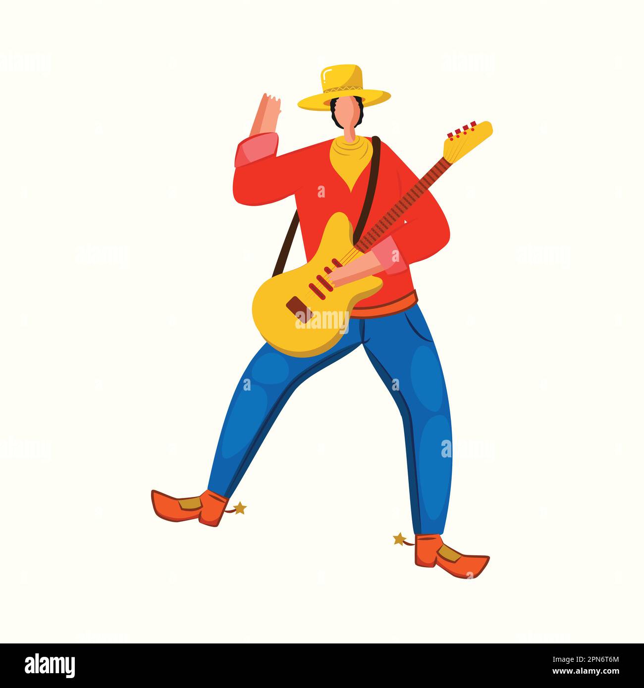 Un jeune Cowboy sans visage jouant de la guitare sur fond beige. Illustration de Vecteur