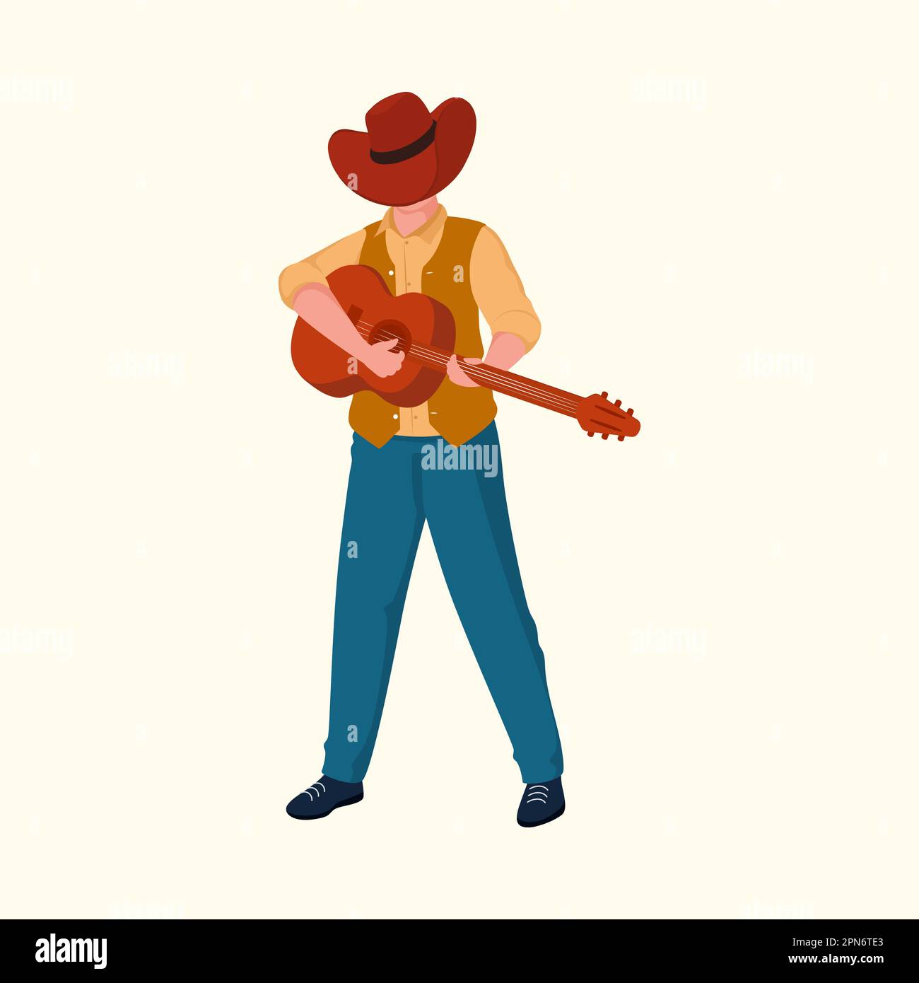 Jeune Cowboy jouant de la guitare sur fond beige. Illustration de Vecteur
