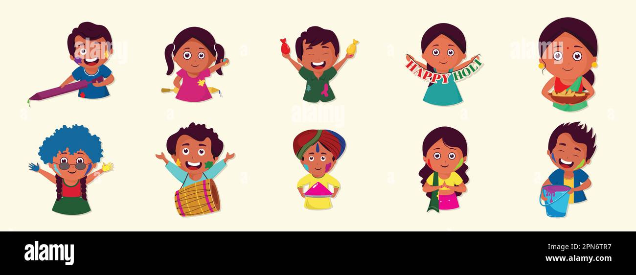 Joyeux enfants indiens ou personnes célébrant le festival Holi sur fond blanc. Illustration de Vecteur