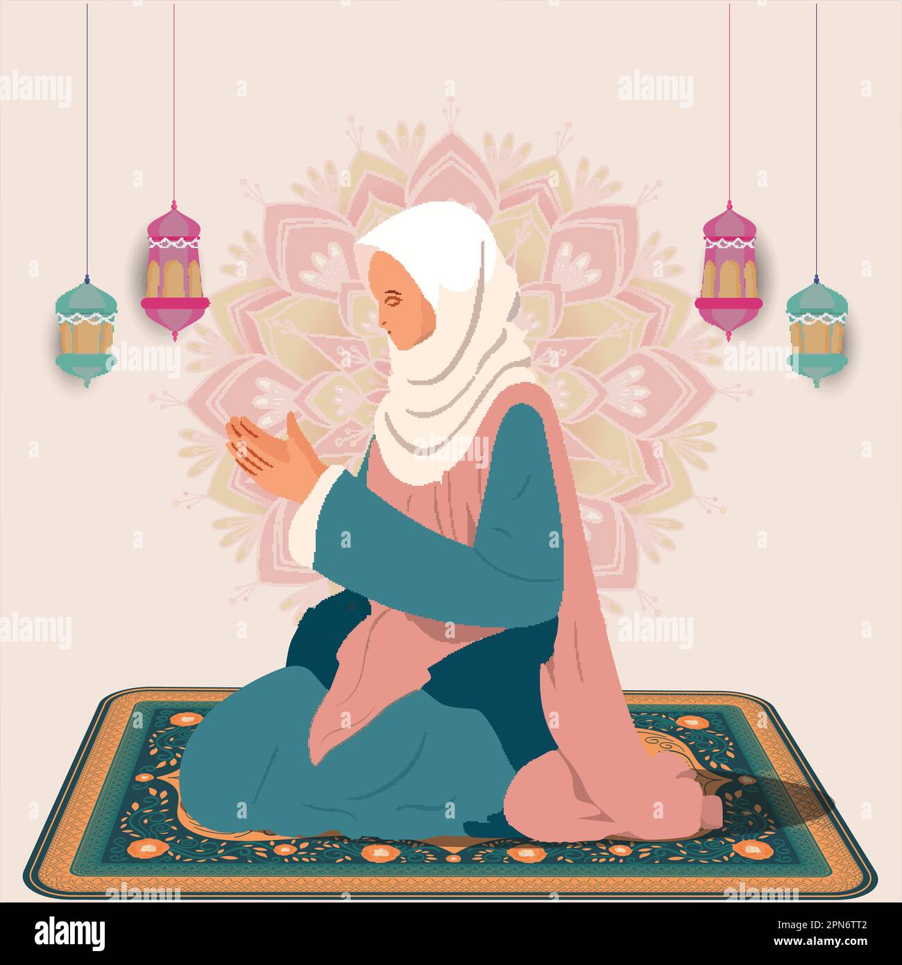 Personnage de femme musulmane offrant Namaz (prière) sur Mat et lampes arabes suspendues décorées Mandala fond rose. Illustration de Vecteur