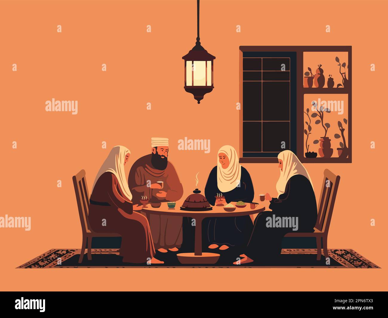 Illustration vectorielle des musulmans appréciant de délicieux repas à la table de salle à manger. Concept religieux islamique. Illustration de Vecteur