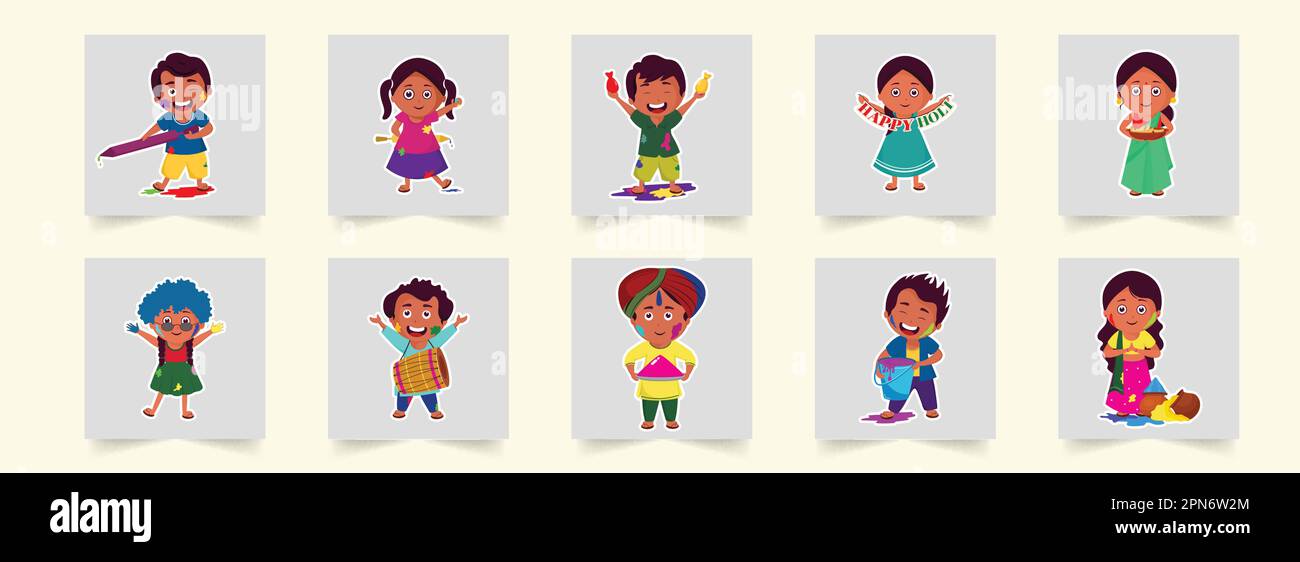 Sticker style gaie des enfants indiens ou des personnes célébrant le festival Holi. Illustration de Vecteur