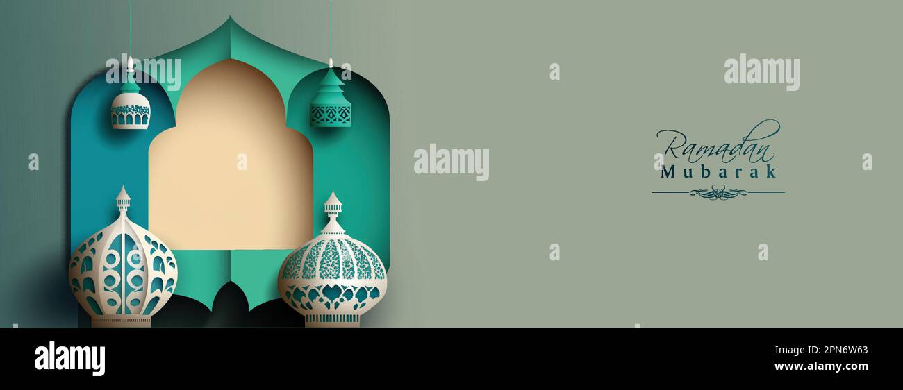 Ramadan Mubarak Banner Design avec Origami lampes arabes sur papier coupé Arch forme fond. Illustration de Vecteur