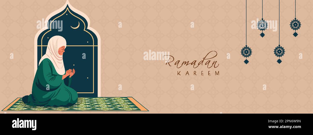 Ramadan Kareem Banner Design avec personnage de femme musulmane âgée offrant Namaz (prière) sur le fond de Mat et de motif islamique. Illustration de Vecteur