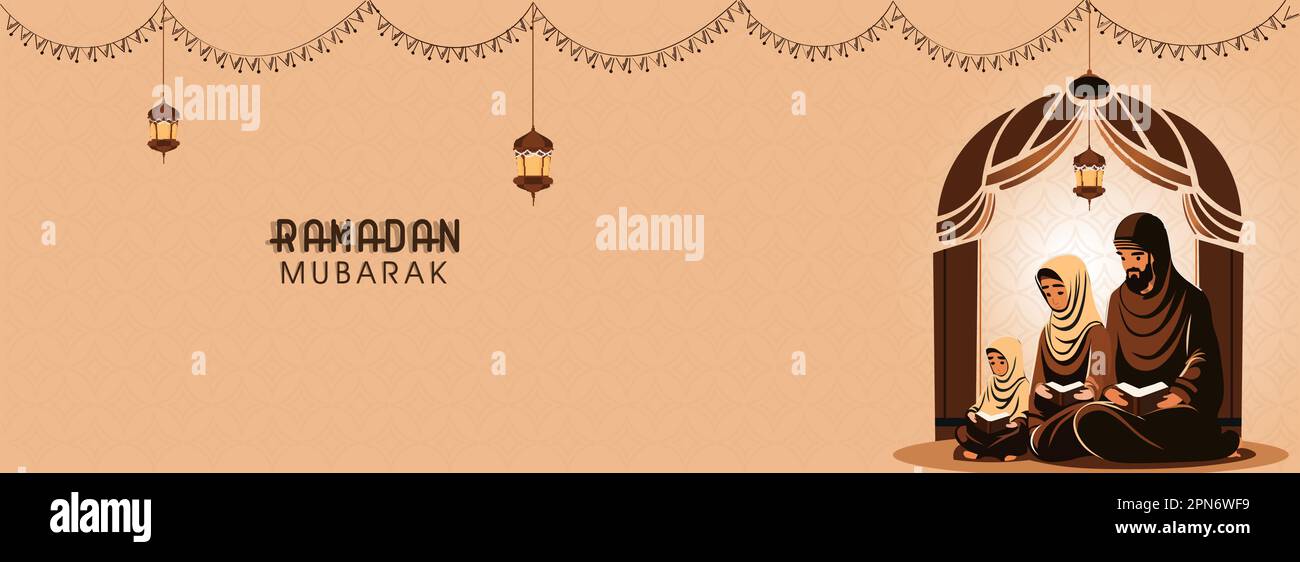 Ramadan Mubarak Banner Design avec la famille musulmane lisant le Coran livre ensemble sur la suspension des lampes arabes décoré Peach arrière-plan. Illustration de Vecteur